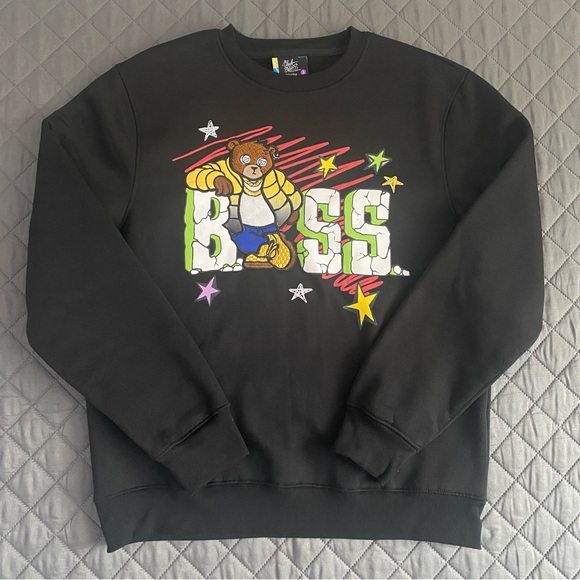 90s, Y2K, Streetwear Boss Bear Embroidered Pullover Crew Neck Sweater Black SZ S - Picture 2 of 9